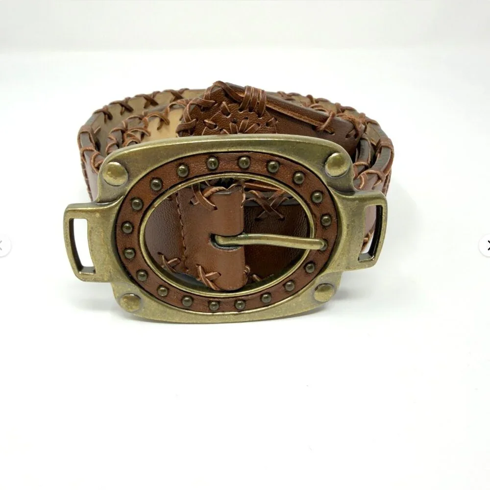 Betsey‎ Johnson Leather Belt Studded Oval Buckle Brown M